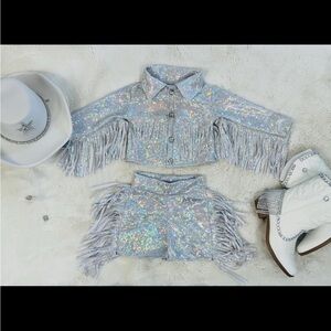 Silver Holographic Fringe Western Cowgirl jacket & Shorts Set
